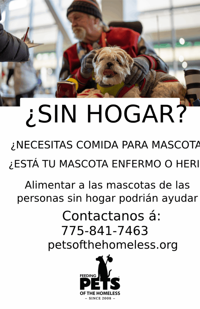 Man in a red jacket holding a small dog, with text offering pet aid for the homeless.