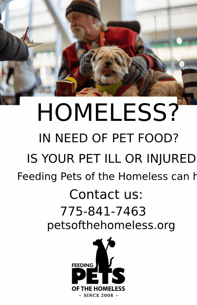 Person with a dog, wearing warm clothing, with text offering pet food and medical help for the homeless.