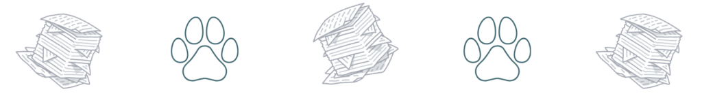 Alternating stacks of paper and simple paw print outlines in a row.